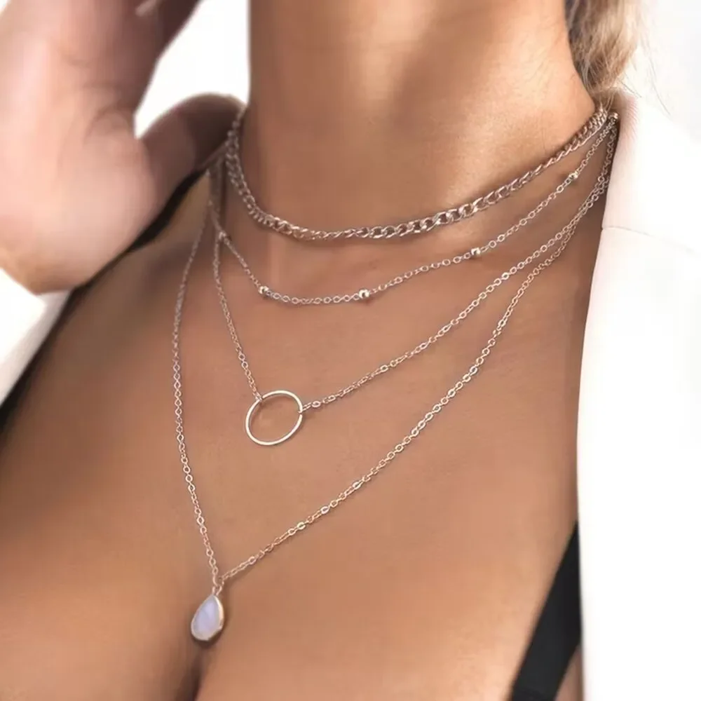 Multi Layer Silver Pendant Chain Necklace Teardrop Crystal Charm Collar Choker